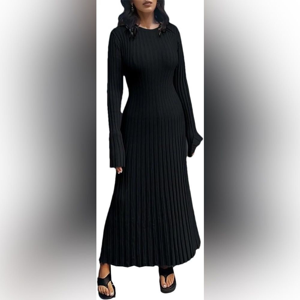 Black Ribbed Long-Sleeve Ruffle Fit & Flare Midi Modest Sweater Stretch Dress S